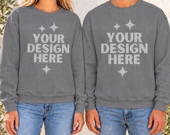 Grey Comfort Colors 1566 Couple Mockup Unisex Garment-Dyed Sweatshirt Men and Women Model Mock-up CC 1566 Male and Female POD Mock up