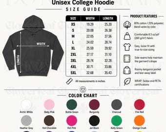 AWDIS JH001 Color & Size Chart Mockup Printify T-Shirt Product Listing Information Mock-up Ready Made Size and Color Guide