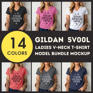 May include: A mockup of Gildan 5V00L ladies V-neck t-shirts in various colors. Each shirt displays "YOUR DESIGN HERE" in a stylized font. The image also includes a graphic indicating 14 color options for the t-shirts.