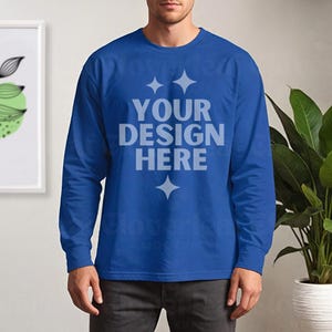 Royal Gildan 2400 Mockup G2400 Men Model Mock-up G 2400 Royal Blue Long Sleeve Male Mock up Aesthetic Boho Man Longsleeve Tee Mockups