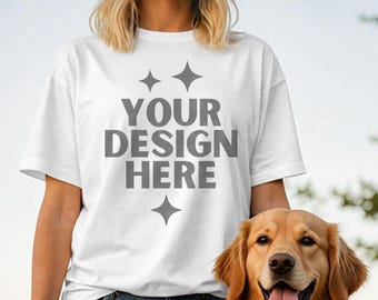 White Gildan 64000 Dog Shirt Mockup G640 Pet T-shirt Mock-up G64000 Women Model Animal Owner Mock up Dog Theme Print On Demand Mock