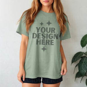 Sage Gildan 64000 Shirt Mockup Sage T-Shirt Mock-up Trendy Aesthetic Women Model Mock up G640 Sage Green Tee Simple Boho POD Mocks