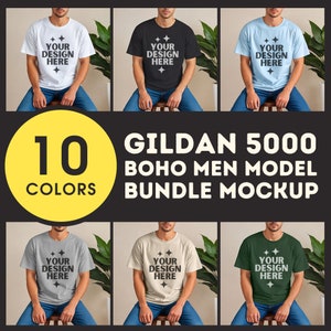 Gildan 5000 Men Mockup Bundle G5000 Shirt Boho Lifestyle Mock-up 5000 Man Model T-shirt Mock up Gildan Male Tee Popular Colors POD Mock Set