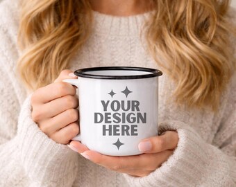 Enamel Camp Mug Mockup 12oz Coffee Mug Mock-up Aesthetic Cozy Mug Mock up Women Model Mug Mock Enamel Camping Cup Print on Demand Mock