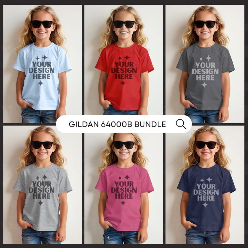 May include: A set of six Gildan 64000B youth t-shirts in various colors, including light blue, red, gray, heather gray, pink, and navy blue. Each shirt features a white print that says "YOUR DESIGN HERE".