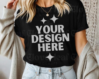 Black Bella Canvas 3001 Shirt Mockup BC3001 Black T-shirt Mock-up Bella Black Tee Mock Black 3001 Real Model Boho Aesthetic Tshirt POD Mocks