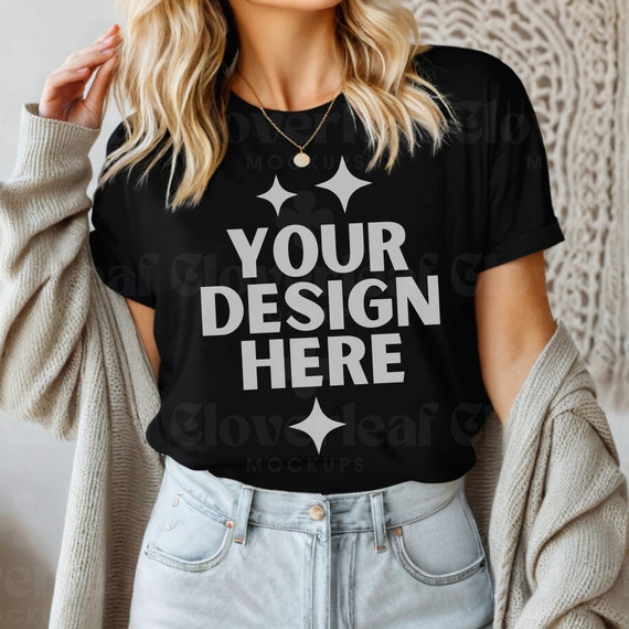 Black Bella Canvas 3001 Shirt Mockup BC3001 Black T-shirt Mock-up Bella Black Tee Mock Black 3001 Real Model Boho Aesthetic Tshirt POD Mocks