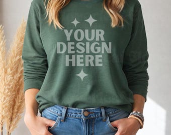 Bella Canvas 3501 Heather Forest Long Sleeve Tee Mockup BC 3501 Forest Long Sleeve T-shirt Mock-up BC3501 Longsleeve POD Boho Themed Mock up