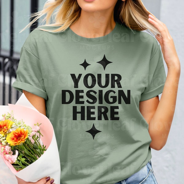 Sage Bella Canvas Shirt Mockup BC 3001 Sage Green Tshirt Mock up Sage T-shirt BC3001 Aesthetic Real Model Tee Mock-up Trendy POD Mocks