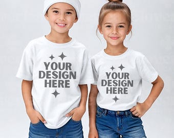 Weiß Gildan 5000B Geschwister Mockup Kinder Schweres Baumwolle T-Shirt Passendes Mock-up G5000B Kinder T-Shirt Mock-up G 5000B Mädchen Junge Geschwister Mock-up