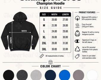 Champion S700 Color & Size Chart Mockup Printify T-Shirt Product Listing Information Mock-up Ready Made Size and Color Guide