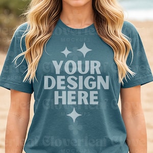 Heather Deep Teal Bella Canvas Shirt Mockup 3001 Heather Deep Teal Tshirt Mock up T-shirt Beach Model Mock-up Aesthetic Summer Tee Mock