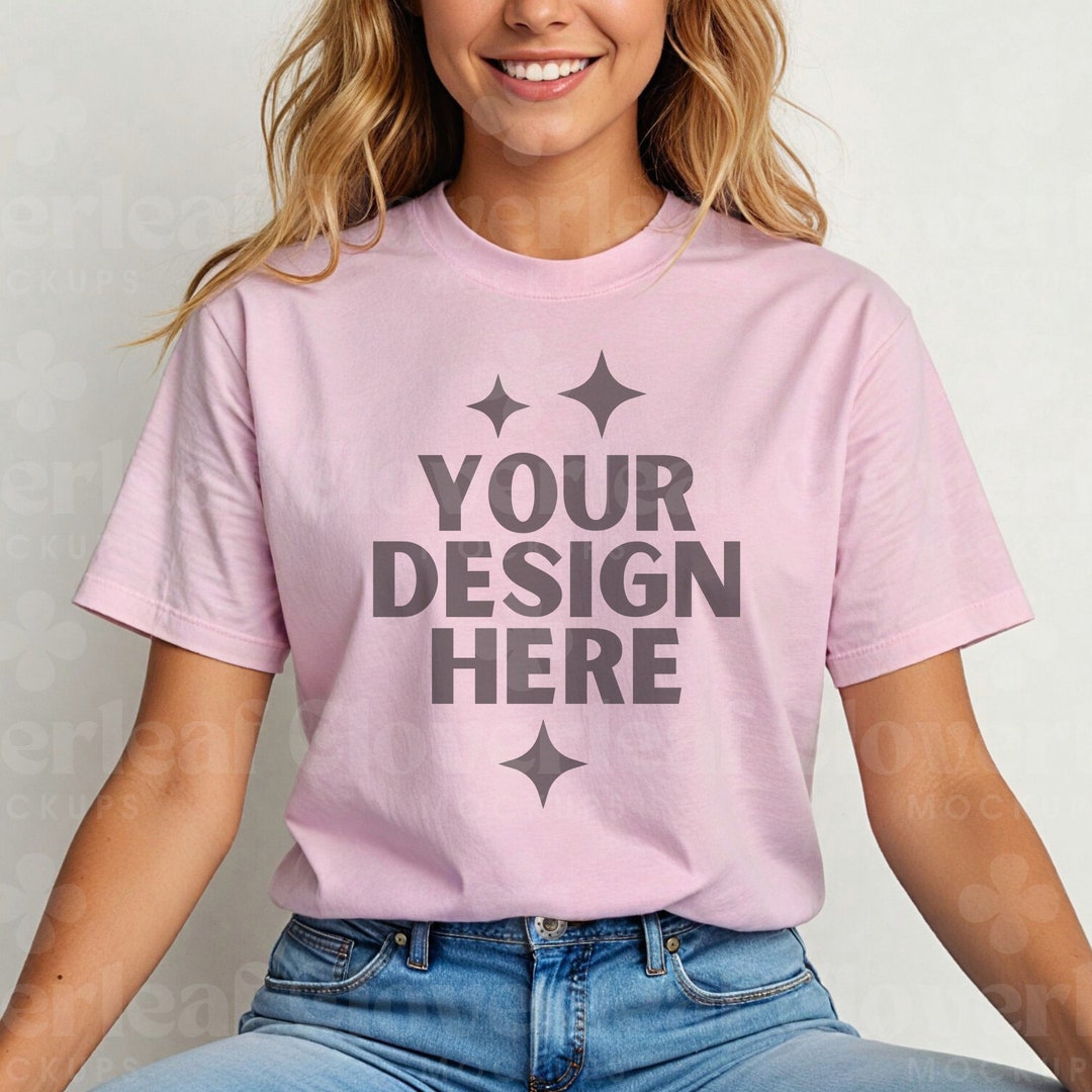 Light Pink Gildan 5000 Shirt Mockup Heavy Cotton Tee Women Model Mock ...