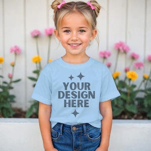 Rabbit Skins 3321 Light Blue Mockup 3321 Light Blue Toddler's Fine Jersey Tee Mock-up Toddlers Shirt Mock Kids T-Shirt Girl Model Mock up