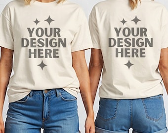 Natural 64000 Front and Back Shirt Mockup Natural Front & Back T-Shirt Mock-up  Model Mock up G64000 Tee G640 Simple Casual Tshirt POD Mock