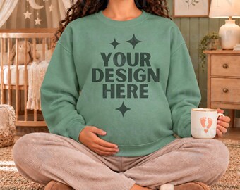 Light Green Comfort Colors 1566 Pregnancy Themed Mockup Maternity Sweatshirt Mock-up CC1566 New Mom Mock CC 1566 Maternal POD Mock up