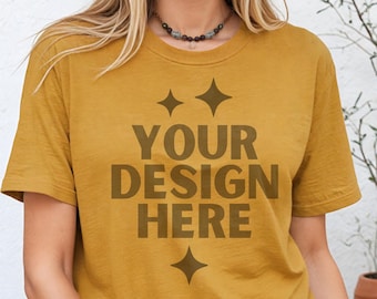 Heather Mustard Bella Canvas Shirt Mockup Bella Tshirt Mock up T-shirt BC 3001 Women Model Mock-up Trendy Aesthetic Boho Display Mocks