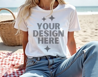 White Bella Canvas Shirt Beach Mockup 3001 White Tshirt Sommer Mockup White BC3001 Tee Frauen Modell Mockup BC Aesthetic Outdoor Mockup