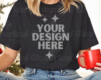 Black Comfort Colors C1717 Christmas Shirt Mockup Comfort Color Black Tshirt Xmas Mock-up Model Mock 1717 Aesthetic Holiday Tee Mock