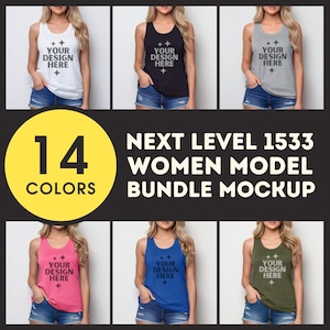 May include: A mockup of a women's tank top in 14 different colors. The tank top is sleeveless and has a scoop neck. The text "YOUR DESIGN HERE" is printed on the front of the tank top.