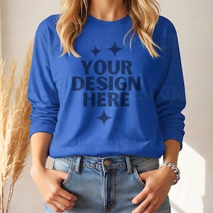 Bella Canvas 3501 True Royal Long Sleeve Tee Mockup BC 3501 Royal Long Sleeve T-shirt Mock-up BC3501 Longsleeve POD Boho Themed Mock up