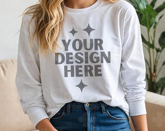 White Bella Canvas 3501 Long Sleeve Tee Mockup BC 3501 White Long sSleeve T-shirt Mock-up 3501 White Longsleeve POD Aesthetic Boho Mock up