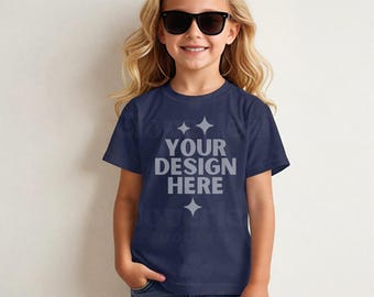 Gildan 64000B Navy Mockup G64000B Kid's Shirt Mock-up Kids Softstyle Tee Mock up Display G 64000B Children Unisex Tshirt Mockup