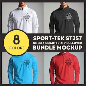 Op de afbeelding: Een mockup-afbeelding van Sport-Tek ST357 unisex quarter-zip truien in acht kleuren: wit, zwart, blauw en rood. Elke trui heeft een mock-hals en de tekst "YOUR DESIGN HERE". Een gele cirkel toont "8 KLEUREN".