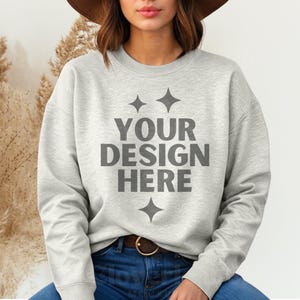 Oatmeal Heather Lane Seven LS14004 Mockup LS 14004 Oatmeal Heather Mock-up Unisex Crewneck Sweatshirt Boho Aesthetic Model POD Mock