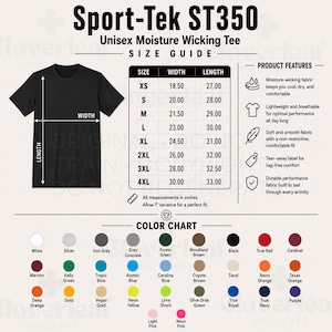 May include: A black Sport-Tek ST350 unisex moisture-wicking t-shirt size guide and color chart. The graphic displays a black t-shirt with width and length arrows, a size chart with measurements in inches, product features, and thirty color swatches.