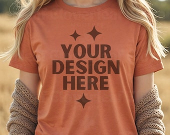 Heather Autumn Bella Canvas Shirt Mockup 3001 Heather Autumn Tshirt Mock up T-shirt BC3001 Women Mock-up Aesthetic Boho Tee POD Mocks