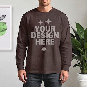Dark Chocolate Gildan 2400 Mockup G2400 Men Model Mock-up G 2400 Dark Choco Long Sleeve Male Mock up Boho Man Longsleeve Tee Mockups