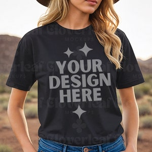 Gildan 64000 Black Shirt Mockup Black T-Shirt Mock-up Trendy Aesthetic Female Model Mock up G640 Black Oversized Tee Aesthetic Boho Mocks