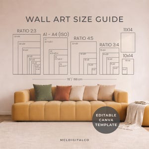 以下が含まれることがあります： 壁のアートサイズガイド。サイズはcmで、61x91、51x76、41x61cmなど。ガイドには様々なアスペクト比が表示されています。黄色いソファとクッションがあり、「EDITABLE CANVA TEMPLATE」の文字があります。