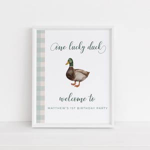 Editable One Lucky Duck First Birthday Welcome Sign | Trendy Minimalist Gingham Birthday Party Celebration Sign | Age ONE | Canva Template