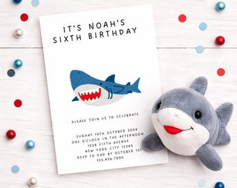 Editable Cute Shark Birthday Invite | Simple Hand Drawn Shark Illustration Party Celebration | Any Age Minimalist Invite | Canva Template