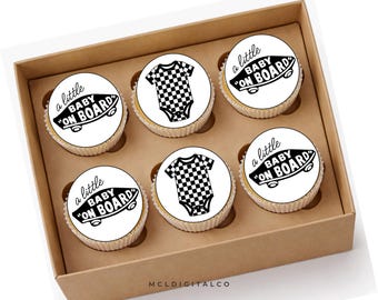 Printable Black White Baby Shower Skateboard Cupcake Toppers | Labels Stickers | Checkered Print Onesies | Simple Party Decorations
