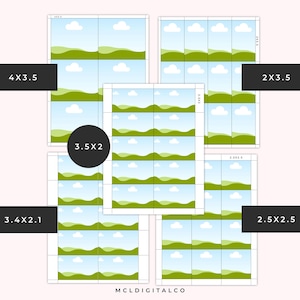 May include: Digital art prints featuring landscape scenes with blue skies, white clouds, and green hills. The image includes various print sizes, such as 4x3.5 inches, 2x3.5 inches, 3.5x2 inches, 3.4x2.1 inches, and 2.5x2.5 inches. The text "MCLDIGITALCO" is at the bottom.