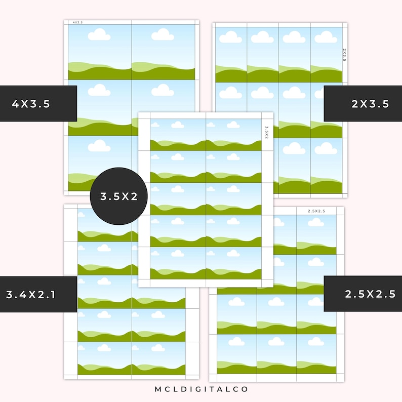 May include: Digital art prints featuring landscape scenes with blue skies, white clouds, and green hills. The image includes various print sizes, such as 4x3.5 inches, 2x3.5 inches, 3.5x2 inches, 3.4x2.1 inches, and 2.5x2.5 inches. The text "MCLDIGITALCO" is at the bottom.