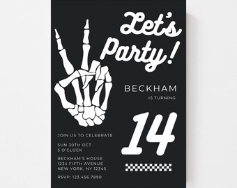Invitación editable "¡Vamos a la fiesta!" / Estampado a cuadros blancos y negros para cumpleaños de niños y adolescentes / Invitaciones minimalistas y sencillas / Plantilla de Canva