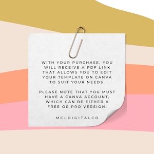 May include: A white paper note with text, held by a silver paper clip, against a pink, gold, and peach background. The text on the note reads: "WITH YOUR PURCHASE, YOU WILL RECEIVE A PDF LINK..." and "MCLDIGITALCO."