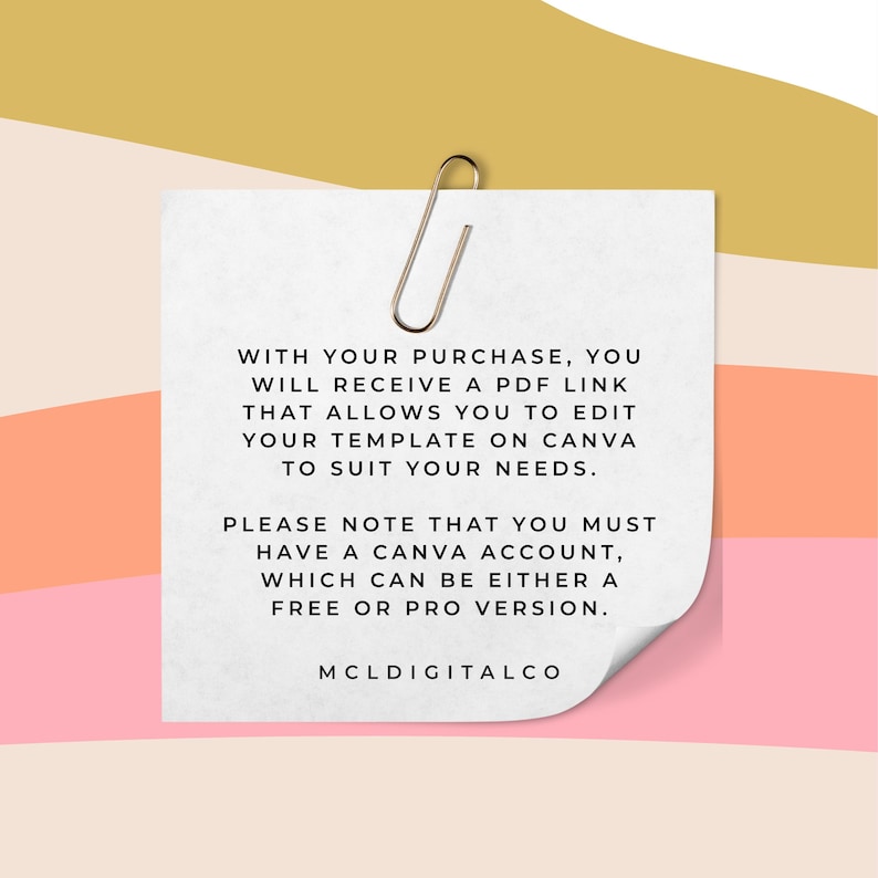 May include: A white paper note with text, held by a silver paper clip, against a pink, gold, and peach background. The text on the note reads: "WITH YOUR PURCHASE, YOU WILL RECEIVE A PDF LINK..." and "MCLDIGITALCO."