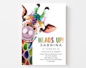 Editable Colorful Giraffe Birthday Invitation | Trendy Simple Invitations | Any Age Birthday Invitation | Canva Template