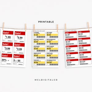 May include: Printable sale signs with red and white text, suspended from a clothesline. The signs show prices for party supplies, such as stickers, gift bags, and mini notebooks. The signs are attached with wooden pegs.