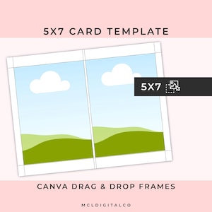 Könnte beinhalten: Digitale Vorlage für eine 5x7-Karte mit einem fensterartigen Design mit blauem Himmel, weißen Wolken und grünen Hügeln. Der Text "5X7 CARD TEMPLATE" und "CANVA DRAG & DROP FRAMES" sind zu sehen.