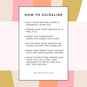 May include: A white rectangular graphic with the text "HOW TO GUIDELINE" and bullet points detailing design steps. The background features a mix of pink, peach, and gold geometric shapes. The text "MCLDIGITALCO" is at the bottom.
