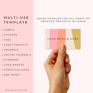 May include: A business card template held by a hand, featuring vertical stripes in pink, orange, and gold. The card reads "YOUR DESIGN HERE" and is promoted as a multi-use template for labels, stickers, and more. Text on the left side lists various applications.