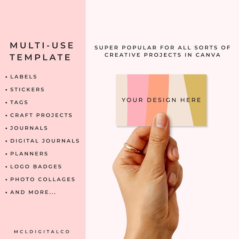 May include: A business card template held by a hand, featuring vertical stripes in pink, orange, and gold. The card reads "YOUR DESIGN HERE" and is promoted as a multi-use template for labels, stickers, and more. Text on the left side lists various applications.