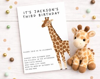 Editable Cute Giraffe Birthday Invitation | Simple Safari Animal Party Celebration | Any Age Minimalist Invitations | Canva Template