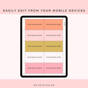 May include: A digital design template displayed on a tablet. The template features a grid of colorful rectangles with the text "YOUR DESIGN HERE." The tablet is black with a white border. The text "EASILY EDIT FROM YOUR MOBILE DEVICES" is at the top.